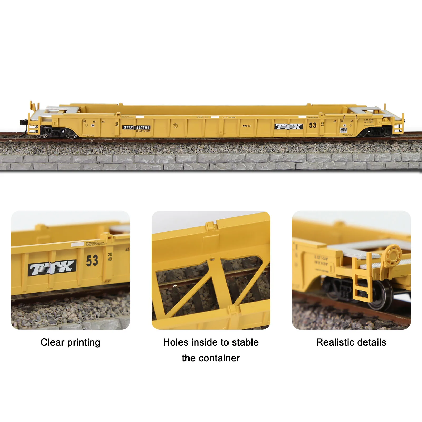 Evemodel C8759 Model Railway HO Scale 1:87 53ft Well Car with 53\' Shipping Container Cargo Box Lot