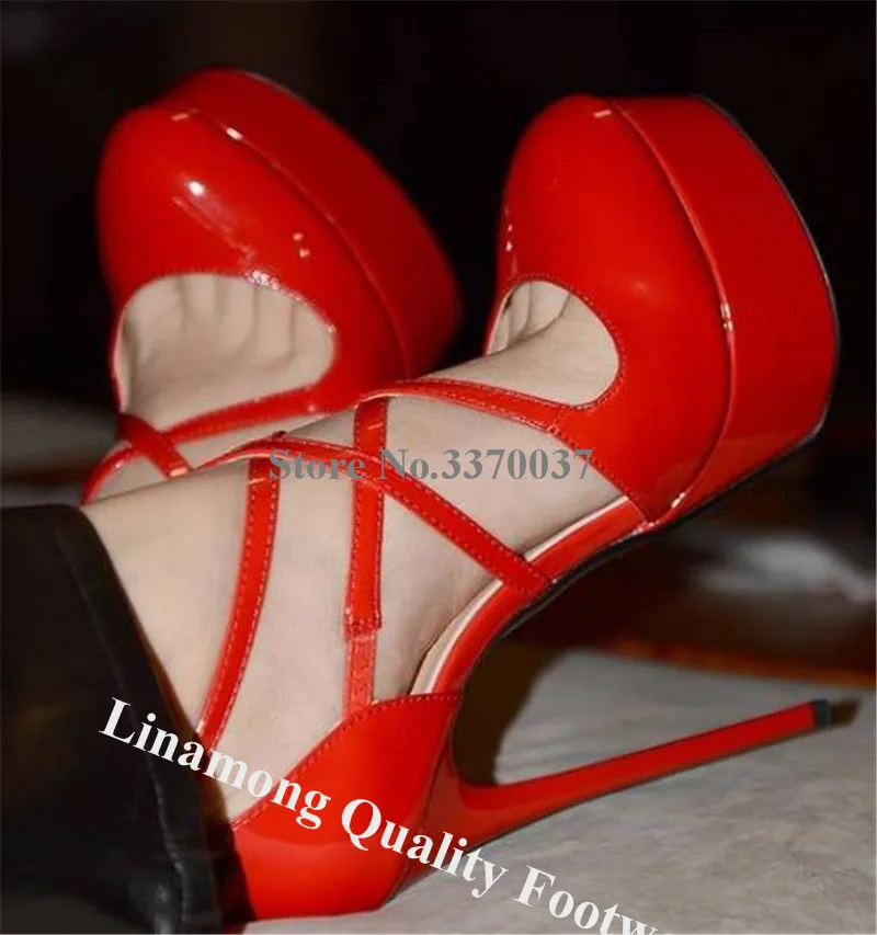 Women Elegant Round Toe Patent Leather High Platform Stiletto Heel Pumps Red Black Straps Cross High Heels Club Dress Shoes