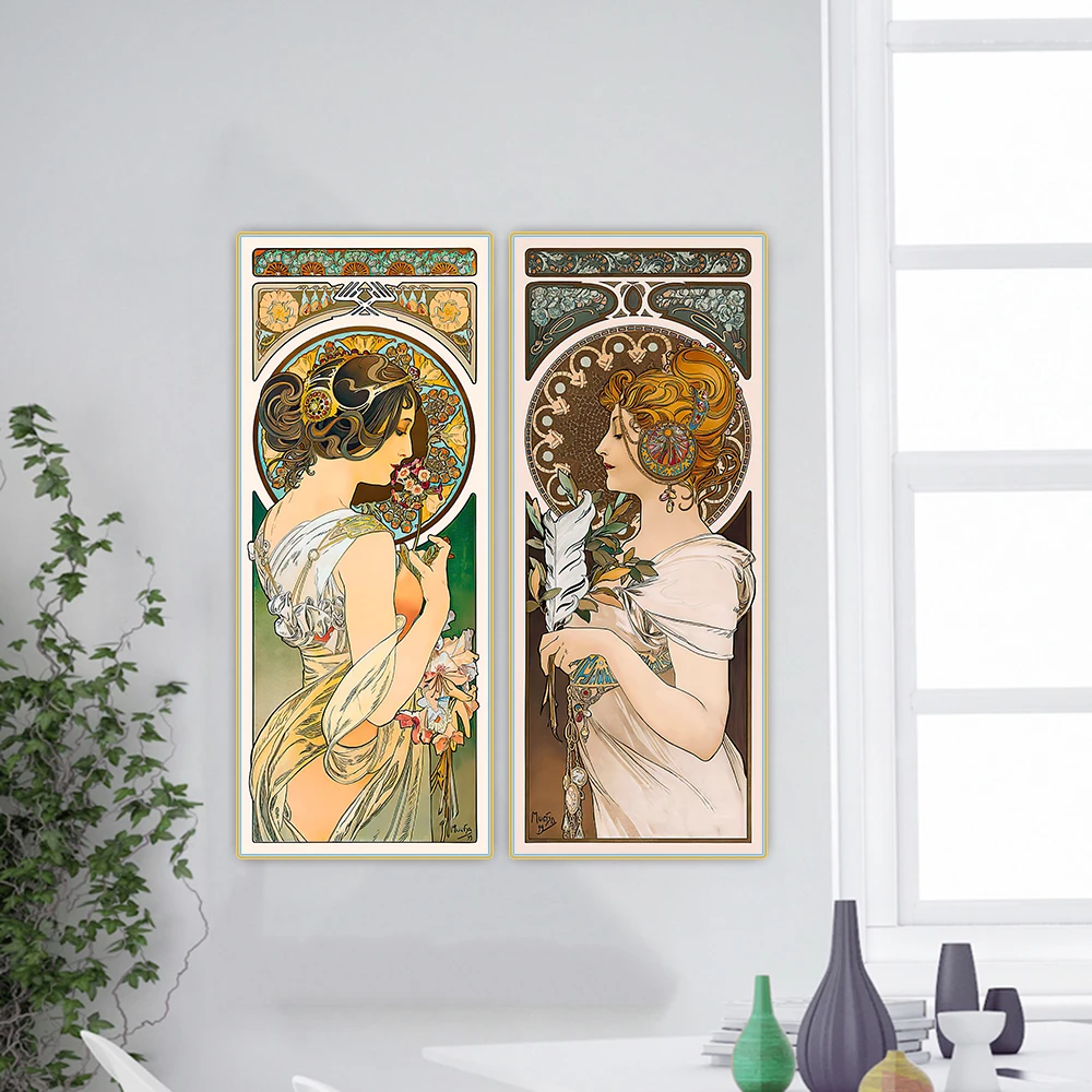 Alphonse Mucha《Feather & Primrose, 1899》Canvas Oil painting Artwork Poster Picture Wall Decor Home Living room Decoration