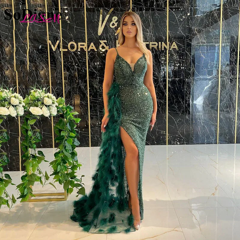 

Green Sequined Glitter Evening Dresses With Feathers Detachable Tail Arabic Strap Slit Formal Party Dress Formal Gowns