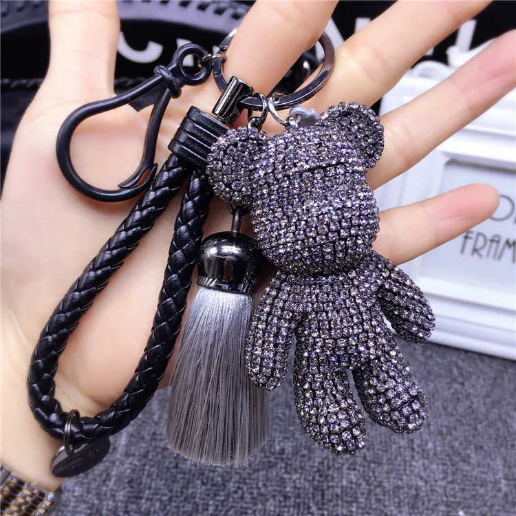 2023 Rhinestone Cartoon Gloomy Bear Keychain Car Tassel Key Chain Ring Holder Pendant for Bag Charm Chaveiro Llaveros Mujer