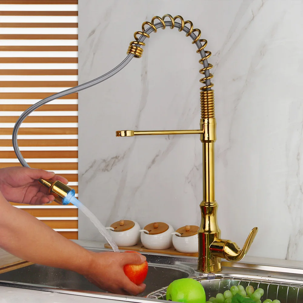 KEMAIDI Gold LED Faucets Brass Swivel Pulll Out 2 Functions Spray Kitchen Deck Mount Washbasin Faucet Mixer Vessel Sink Tap