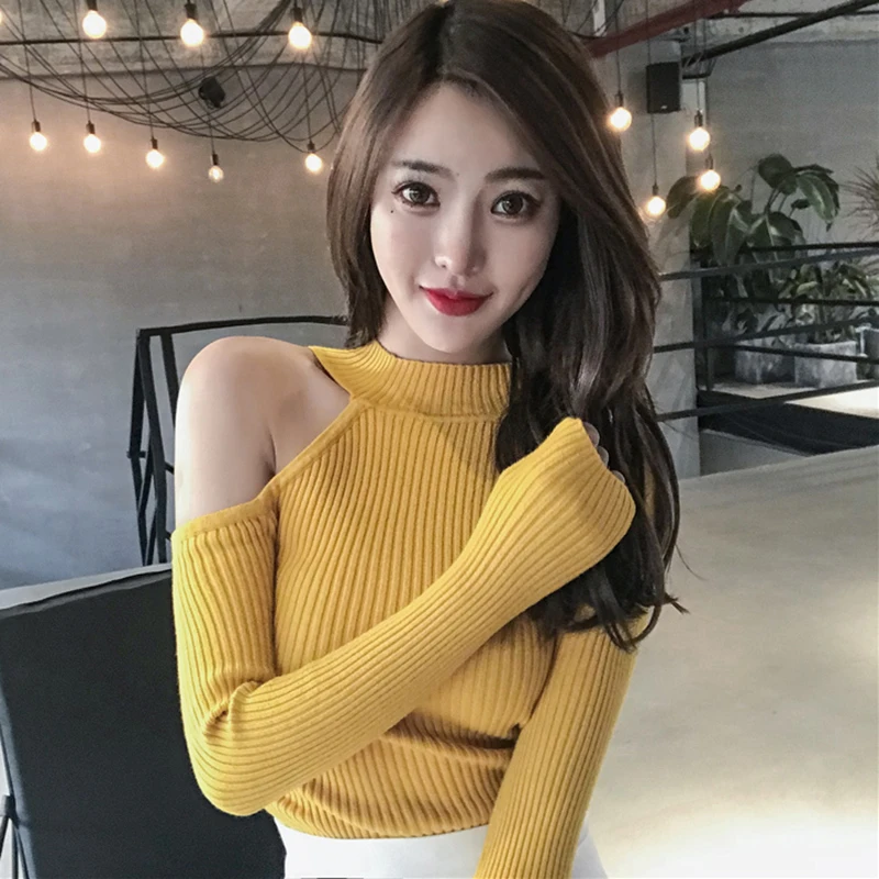 shintimes Off Shoulder Sweater Women Turtleneck Pullovers Long Sleeve 2021 Fall Winter Slim Sexy Knitted High Elastic Pull Femme