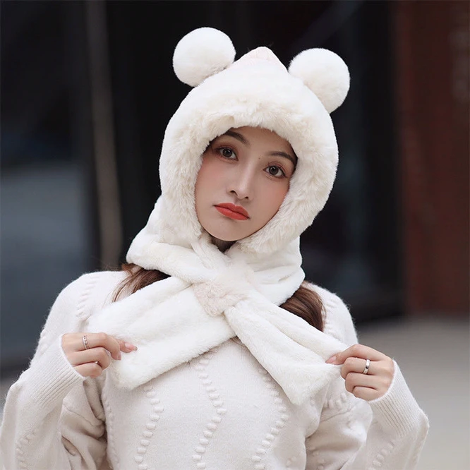 Hat Scarf One Female Winter Plush Thickened Cold Proof Warm Windproof Plush Scarf Ear Protection Girl  Women Hat Green