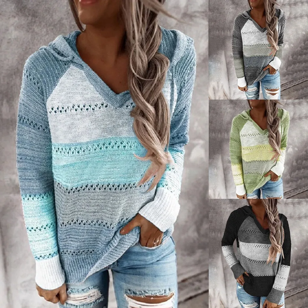 Autumn Women Patchwork Hooded Sweater Long Sleeve V-neck Knitted Sweater Casual Striped Pullover Jumpers 2021 New Female Hoodies