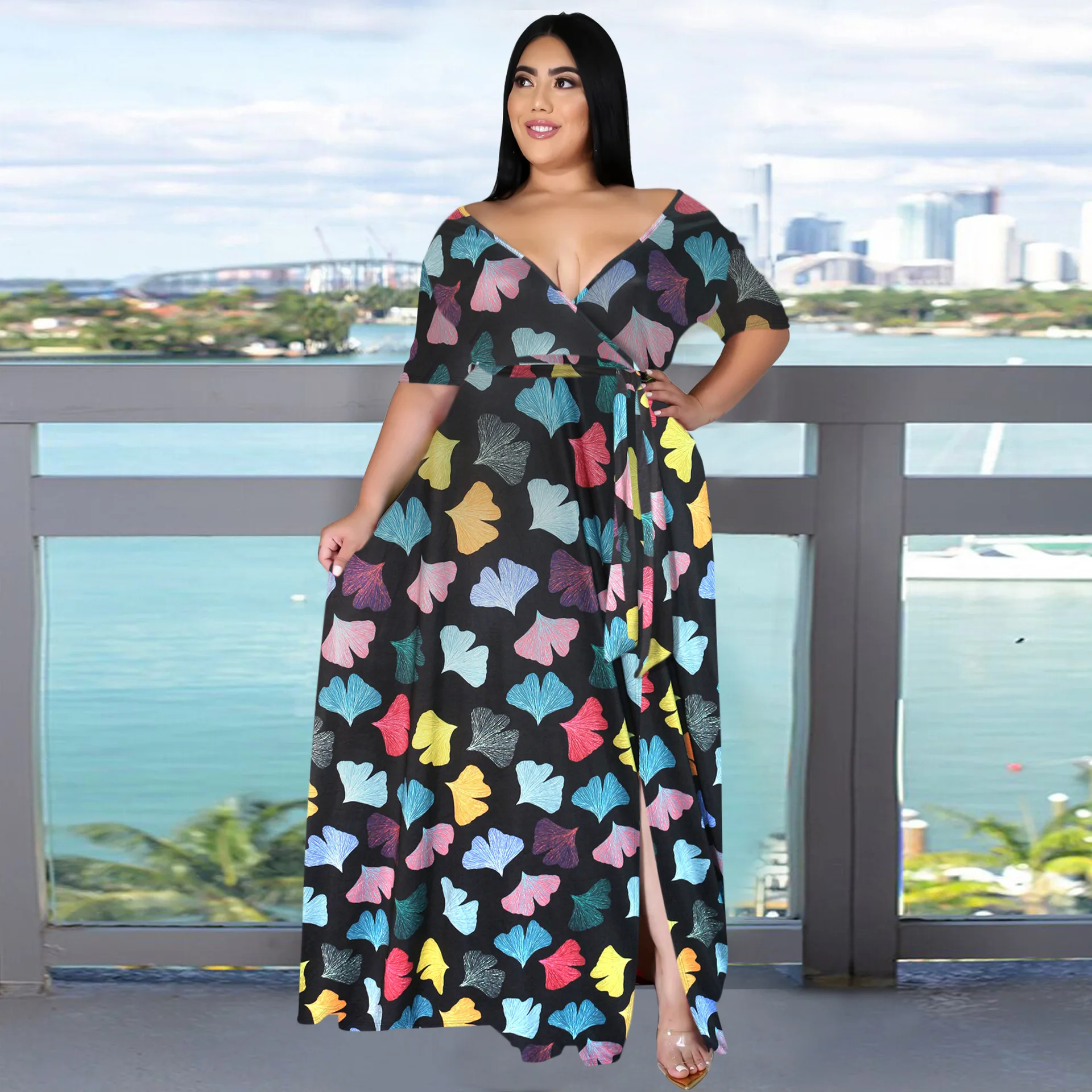 Women Clothing Casual Dresses Plus Size 2021 Autumn V-neck Split Short Sleeve Dress Bohemian Beach Print Large Swing Long Dress