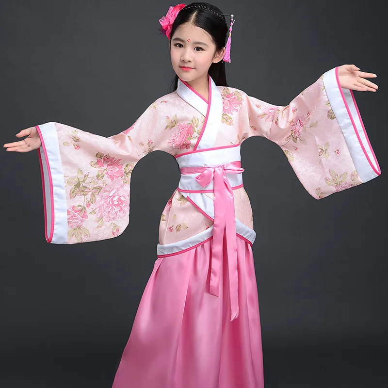 Traje de bata de seda china para niñas y niños, Kimono chino tradicional Vintage étnico, disfraz de baile de coro para estudiantes Hanfu