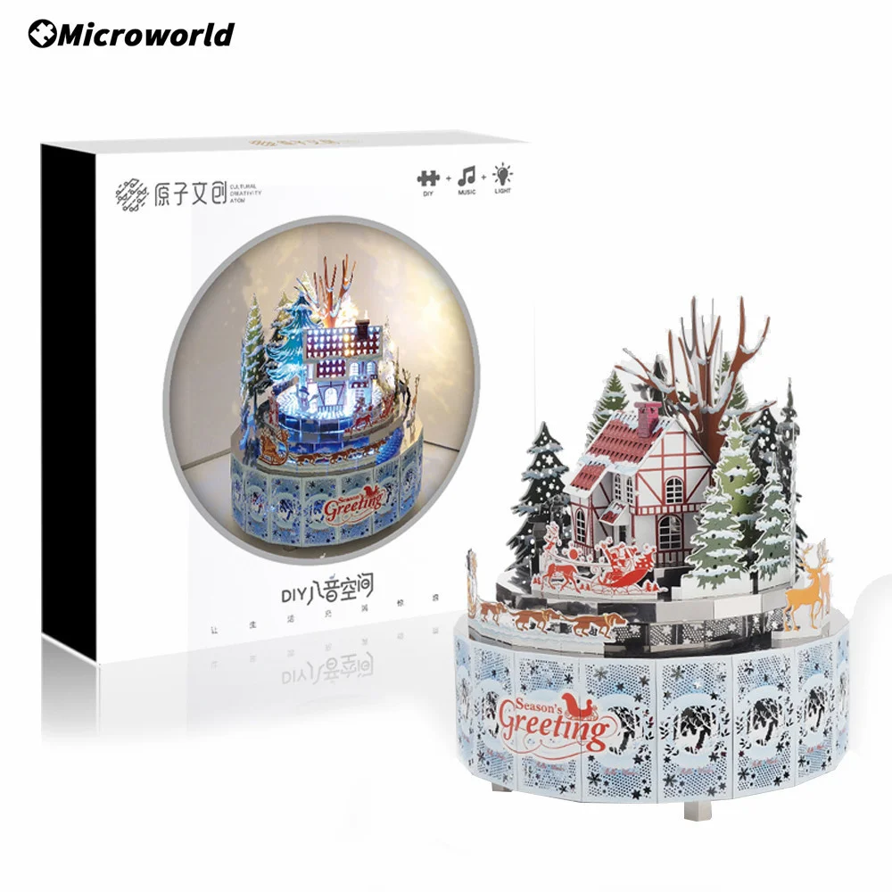 Microworld 3D Puzzle in metallo Tema invernale Carillon rotante Kit modello Puzzle fai da te Giocattoli Decorazione natalizia Regali per ragazze adulte