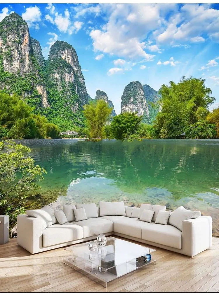 

Custom Photo Wallpaper 3D Landscape Painting Mountains Lake Beautiful Self-Adhesive Waterproof Poster Papel De Pared