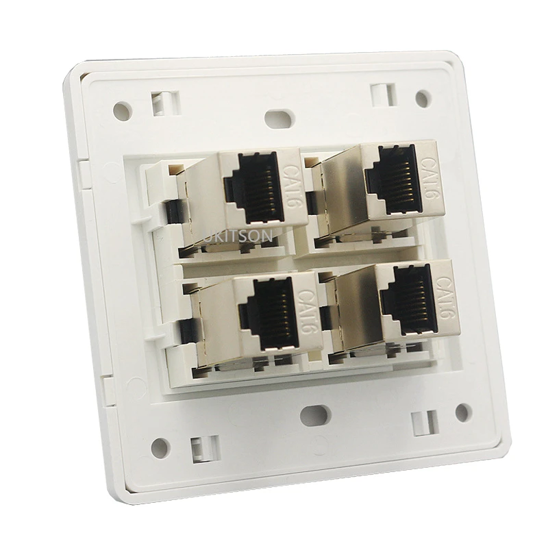 Female CAT6 RJ45 Wall Outlet With 4 Ports Shielded CAT.6 Network Socket Insert Keystone Jack Faceplate 86x86mm In White Color