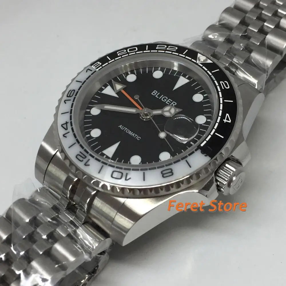 

Bliger 40mm stainless steel silver case top mens watch sapphire glass orange GMT ceramic bezel Luminous automatic watch