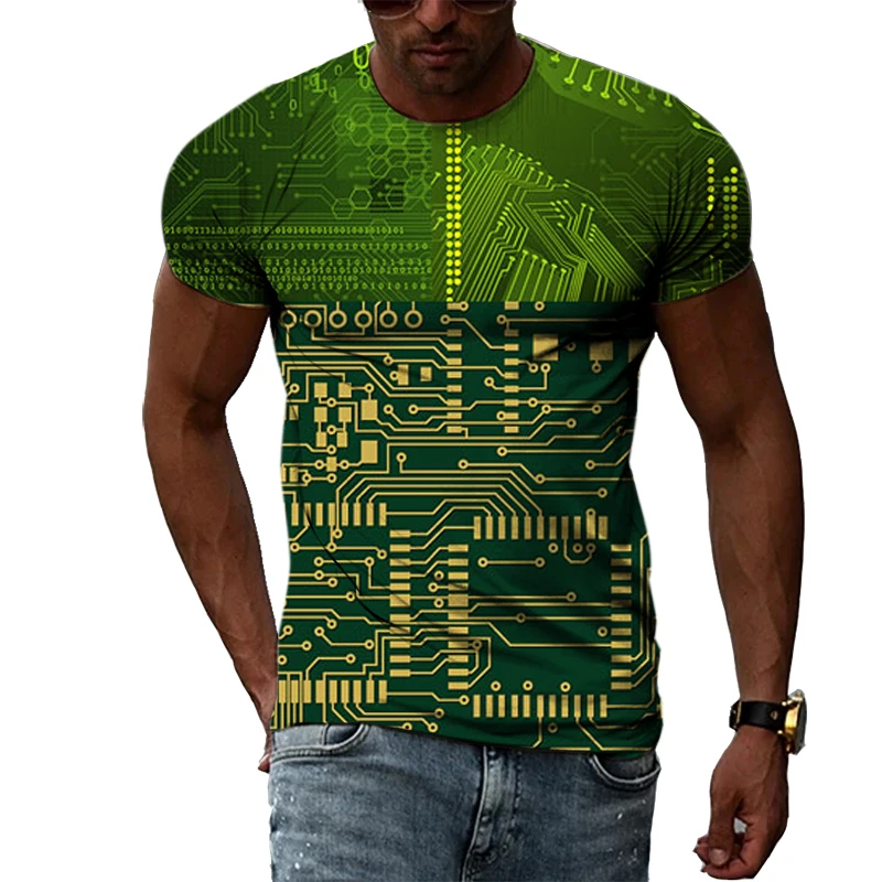 Round Neck Personality Circuit Board graphic t shirts For trendyol Men Summer Hip Hop street style Casual Printing T-shirts Tops