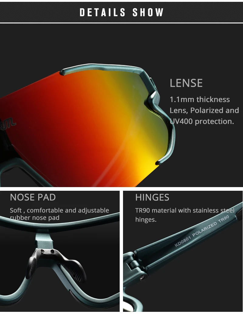 KDEAM Langlebige TR90 Herren-Sport-Sonnenbrille, polarisiert, kratzfest, 1,1 mm dick, Linsenbeschichtung, Sonnenbrille für Herren, KD0801 – Detail 4