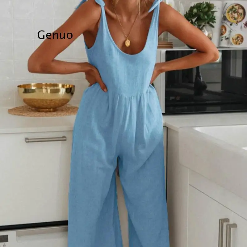 

Vintage Long Jumpsuits Women Sexy Sleeveless Straps Overalls 2021 Summer Wide Leg Trousers Solid Romper Casual Playsuits