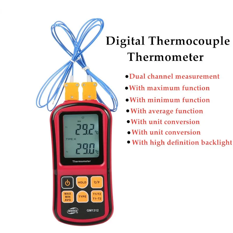 

GM1312 Digital Thermocouple Thermometer -50~300℃ Temperature High Precision Temperature Meter Tester with LCD Backlight 40%off