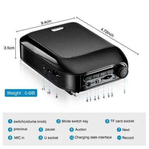 Imagen 2 del producto Amplificador de voz inalámbrico Bluetooth UHF portátil para enseñanza de conferencias guía turística promoción u-disk megáfono micrófono altavoz