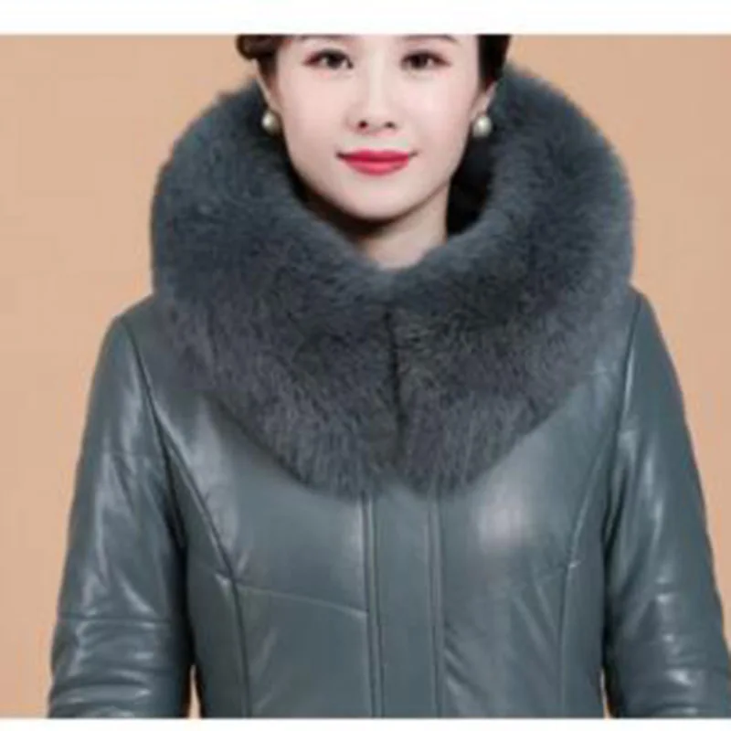 8XL Leather Down Jacket Women Mid-Length Fur Collar Hooded Leather Coat Winter Female Thick Warm Jacket 2023 Vintage Outerwear