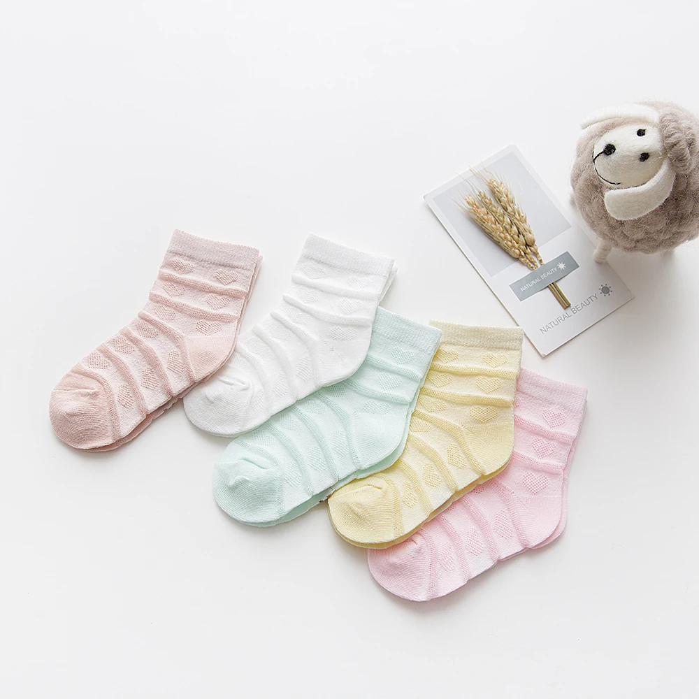 5Pairs/lot 0-2Y Baby Socks Summer Cotton Striped Heart Thin Kids Socks Solid Girls Mesh Cute Newborn Boy Toddler Socks Baby