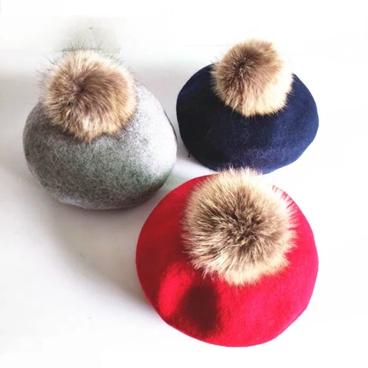 Fashion Winter Children Wool Soft Beret Caps Autumn Women\'s Casual Polyester Fur Pom pom Beret Caps Hats Gorras