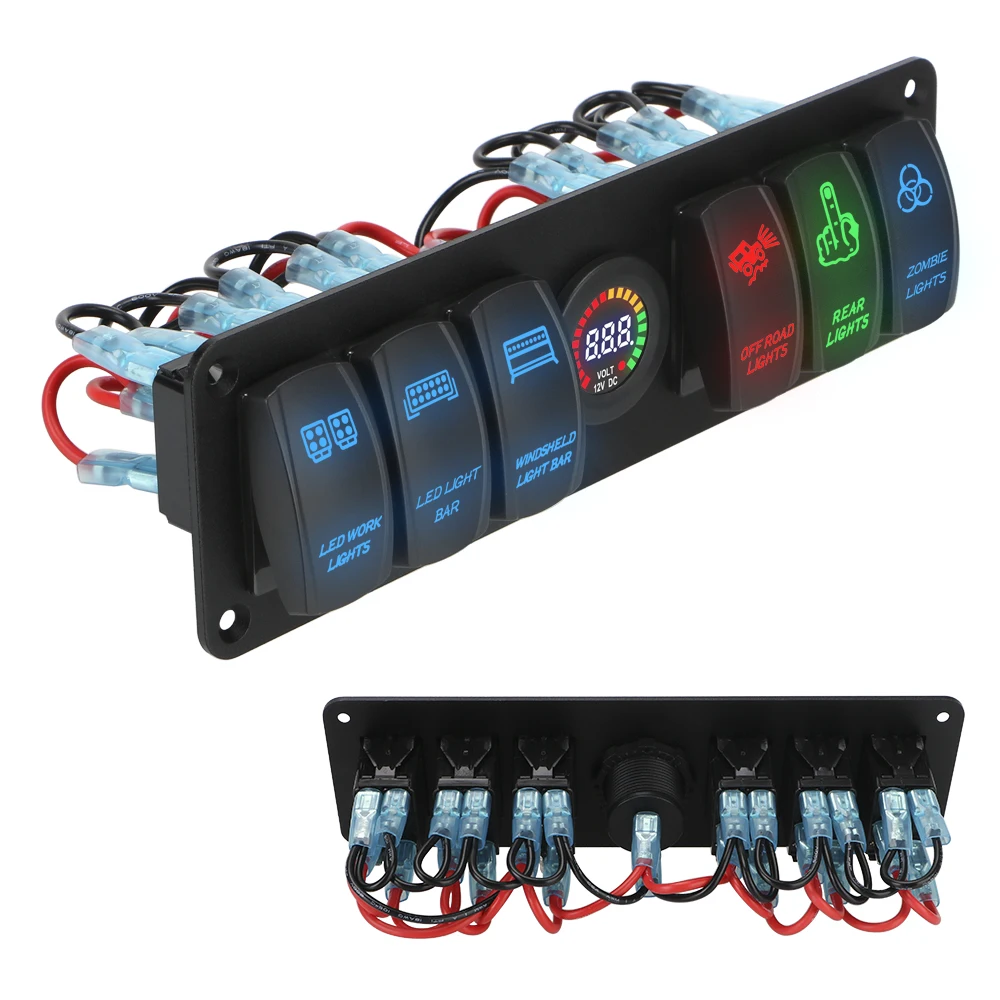 12-24V Circuit Breaker Colorful 6 Gang Rocker Switch Panel LED Voltage Display Waterproof On-Off for RV Car Marine