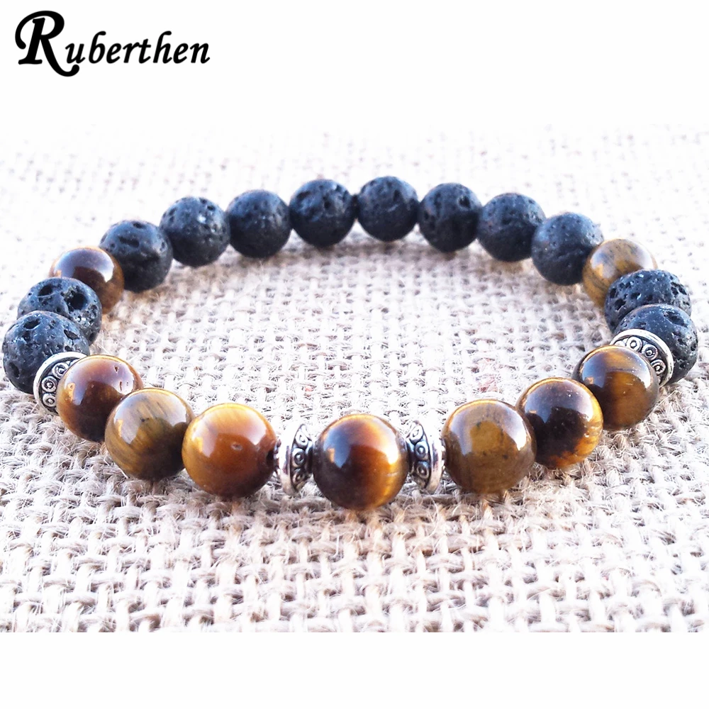 Ruberthen Mens 8 MM Tigers Eye Bracelet Lava Stone Energy Bracelet Spiritual Meditating Yoga Bracelet Wrist Mala Jewelry