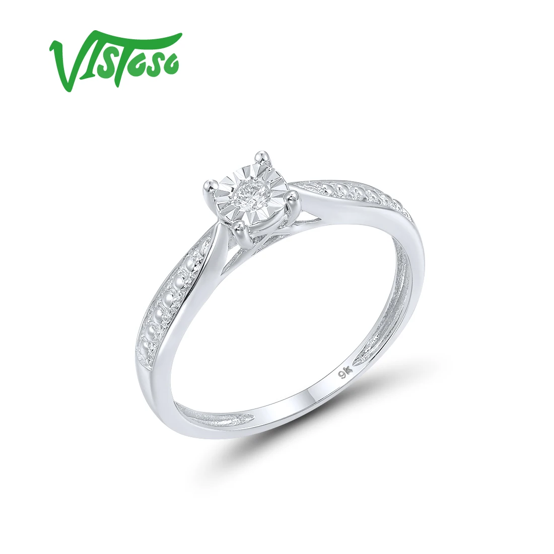 VISTOSO Gold Rings For Women 9K 375 White Gold Ring Sparkling Solitaire Diamond Classic Ring Engagement Wedding Fine Jewelry