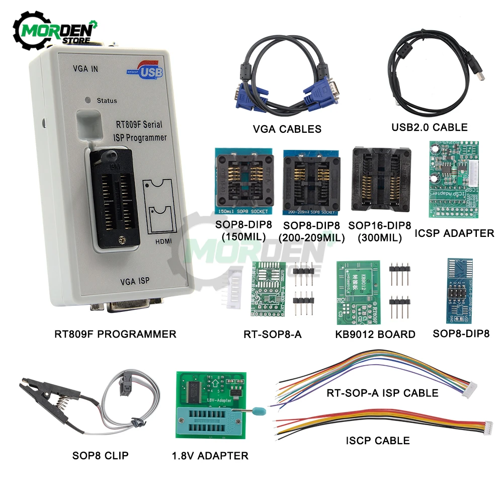 Newest RT809F ISP Programmer/ RT809 LCD USB Programmer 24-25-93 Serise IC with 11 Adapters Repair Tool