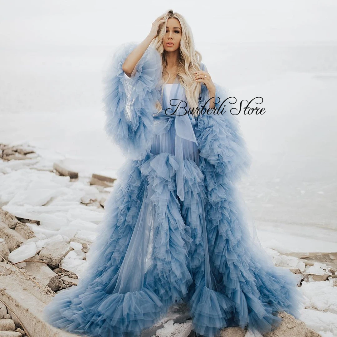 

Trendy Puffy Rulles A-line Mesh Long Robe Prom Gowns See Thru Flare Sleeves Tulle Party Dresses Photo Shoot Beach Dress