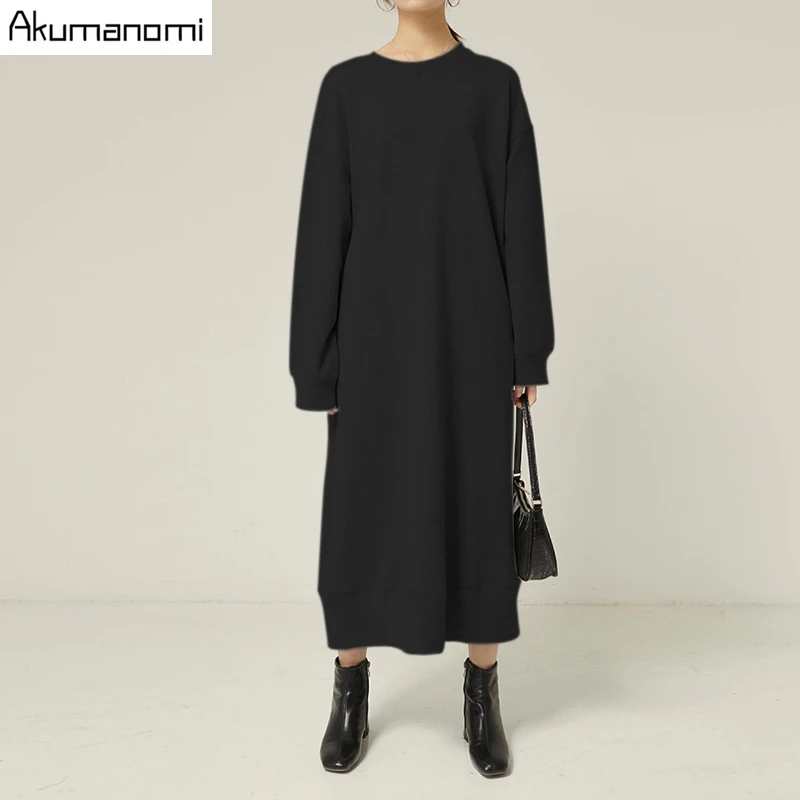 Loose Black Gray Autumn Spring Dress Cotton Plus Size 7xl 6xl 5xl 43xxl Long Sleeve Casual Maxi Dresses For Women With Pockets