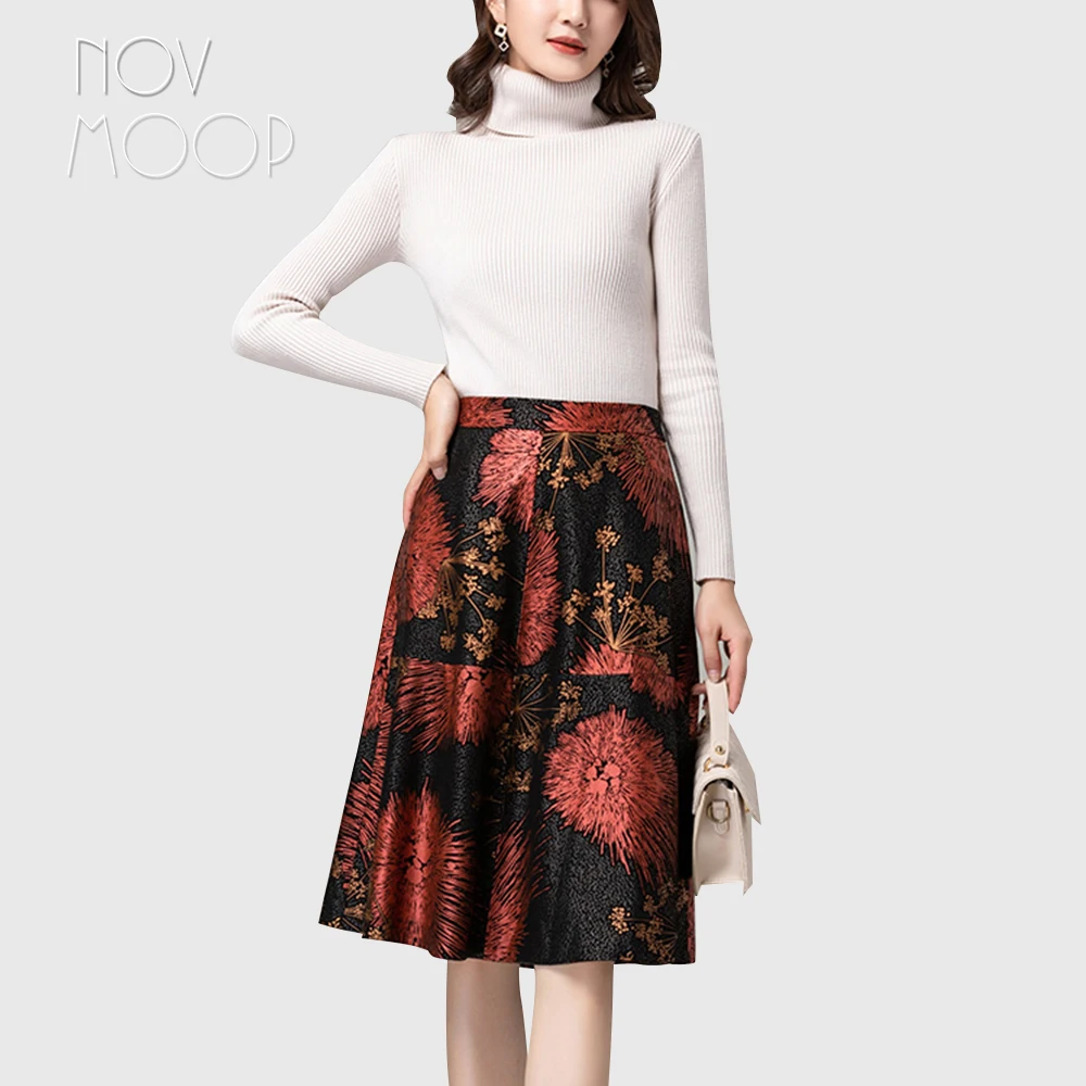 

Novmoop gold red color printed soft sheepskin genuine leather women skirt mid-calf length elegant office lady style jupe LT3425