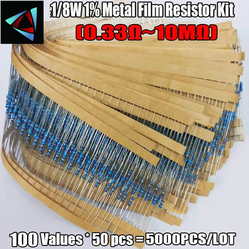 1/8W 1% 1R~10M Ohm 100Valuesx50Pcs=5000Pcs 0.125W Metal Film Resistor Assorted Kit