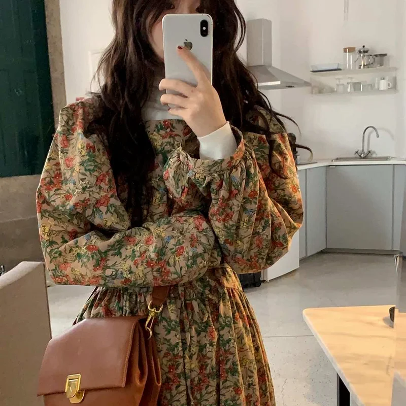 Long Sleeve Dresses Women Square Collar Print Retro Korean Version Leisure High Waist Female Vestidos Elegant Spring Temperament