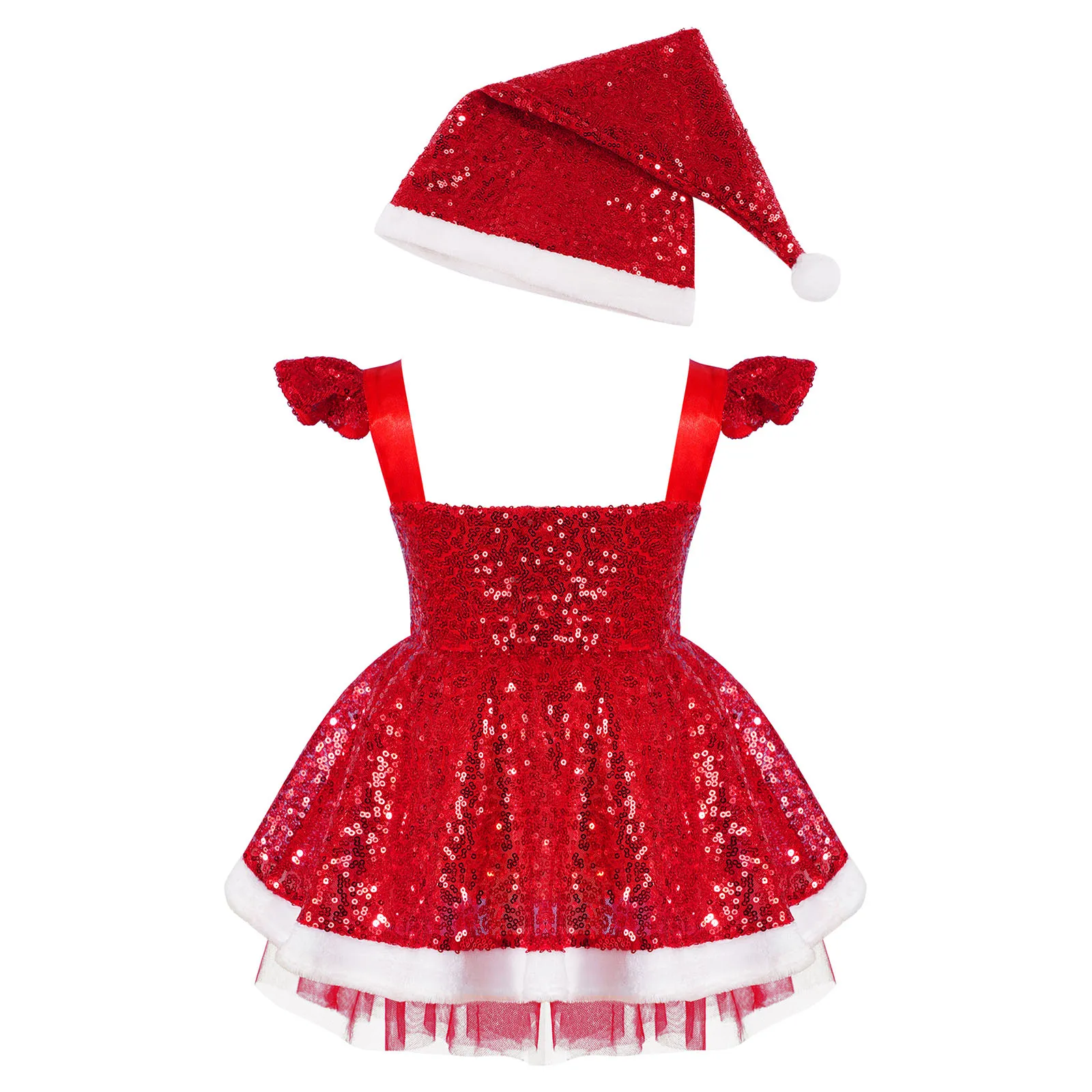 Baby Girls Christmas Princess Dress with Hat Set Red Sequins Faux Fur Adorned Tutu Dress Toddler Kids Baby Girl Xmas Clothing