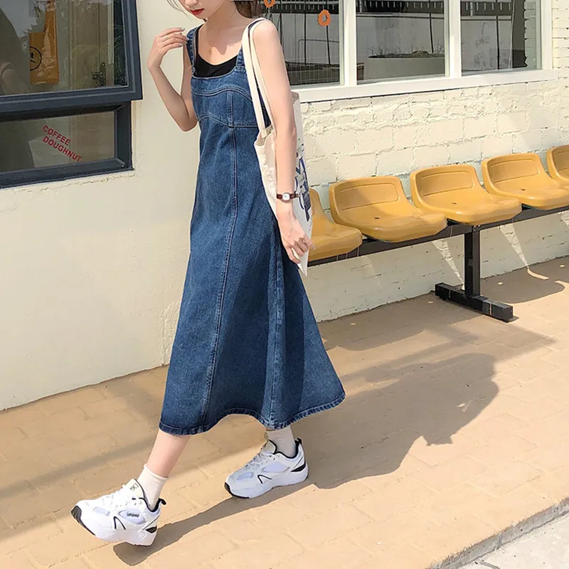 

SML 2021 Vintage women Slim straps Long denim dess female Sleeveless Sundress Overalls jeans tank dress womens(78325