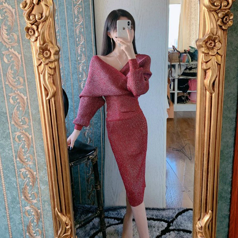 

Thick Warm Cotton Knitted 2 Piece Set Women Lantern Sleeve Sweater Blouse and Corset Pink Red Wrap Bodycon Midi Skirt Ladies