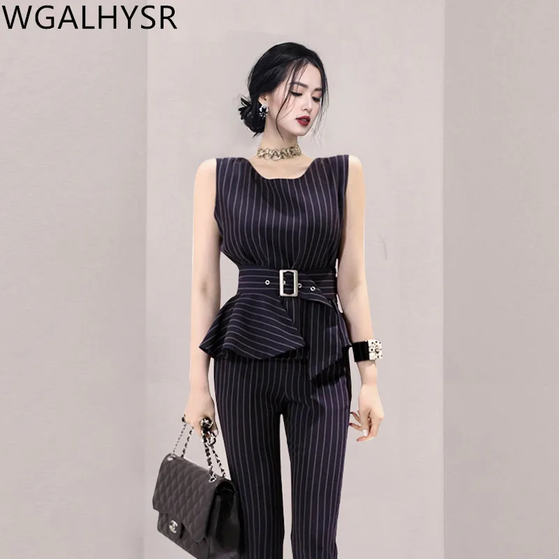 

2024 Summer Korean Fashion Style Stripe Sleeveless Top+ High Waist Straight Leg TrousersTwo Piece Set
