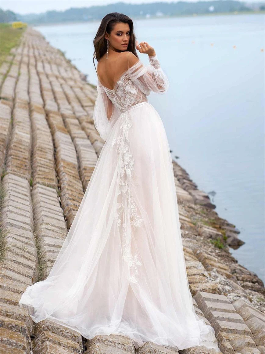 LORIE 2024 A-line Beach Wedding Dress for Full Sweep Train Bridal Dress with Sleeve Plus Size Wedding Dress Boho women\'s wedding