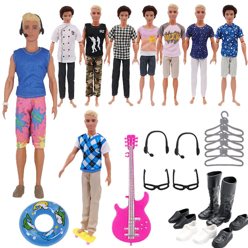 30 Pcs Mannelijke Barbiees Set = 5 Set Kleding + 5 Rekken + 4 Paar Schoenen + 1 Zwemmen ring + 1 Gitaar + 1 Skateboard + 2 Glazen + 2 Oortelefoon