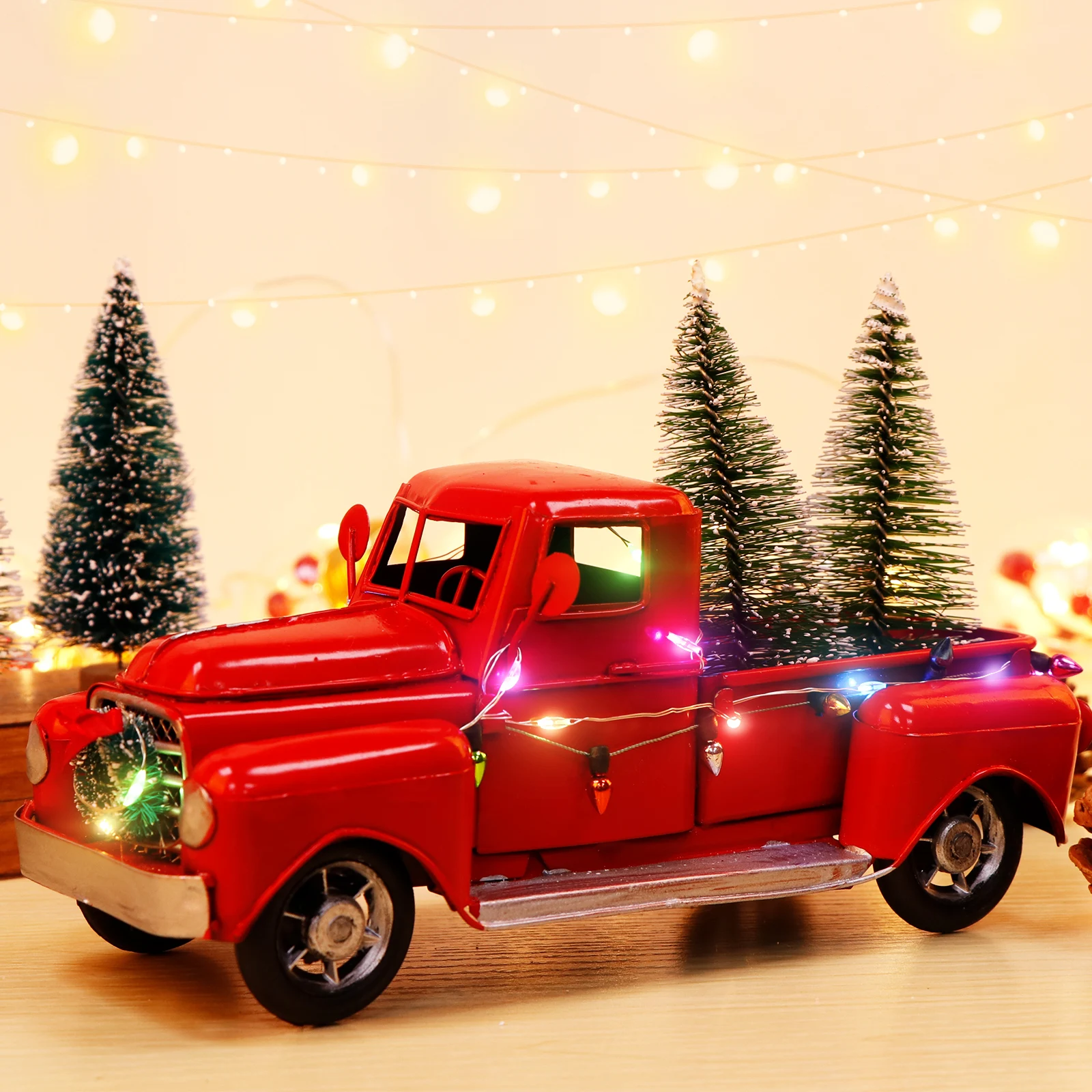 

OurWarm Christmas Farmhouse Red Truck Decor LED String Lights Vintage Red Metal Truck Car Model with Mini Christmas Trees Decor