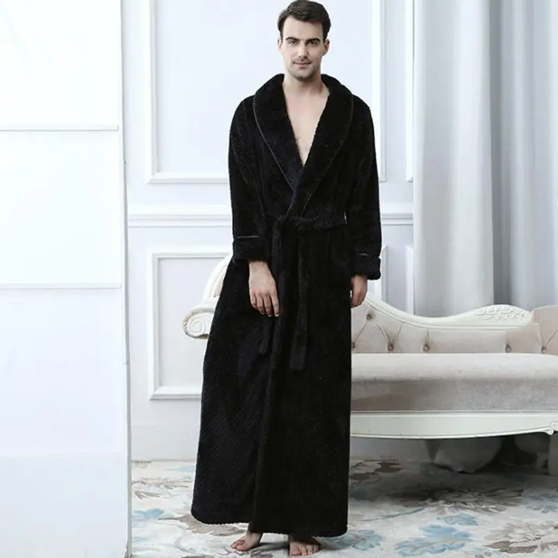 

Black robe Kimono Bath Robe Male long sleeve Warm Dressing Gown Herren Schlafanzug Winter Extra Long Flannel Bathrobe