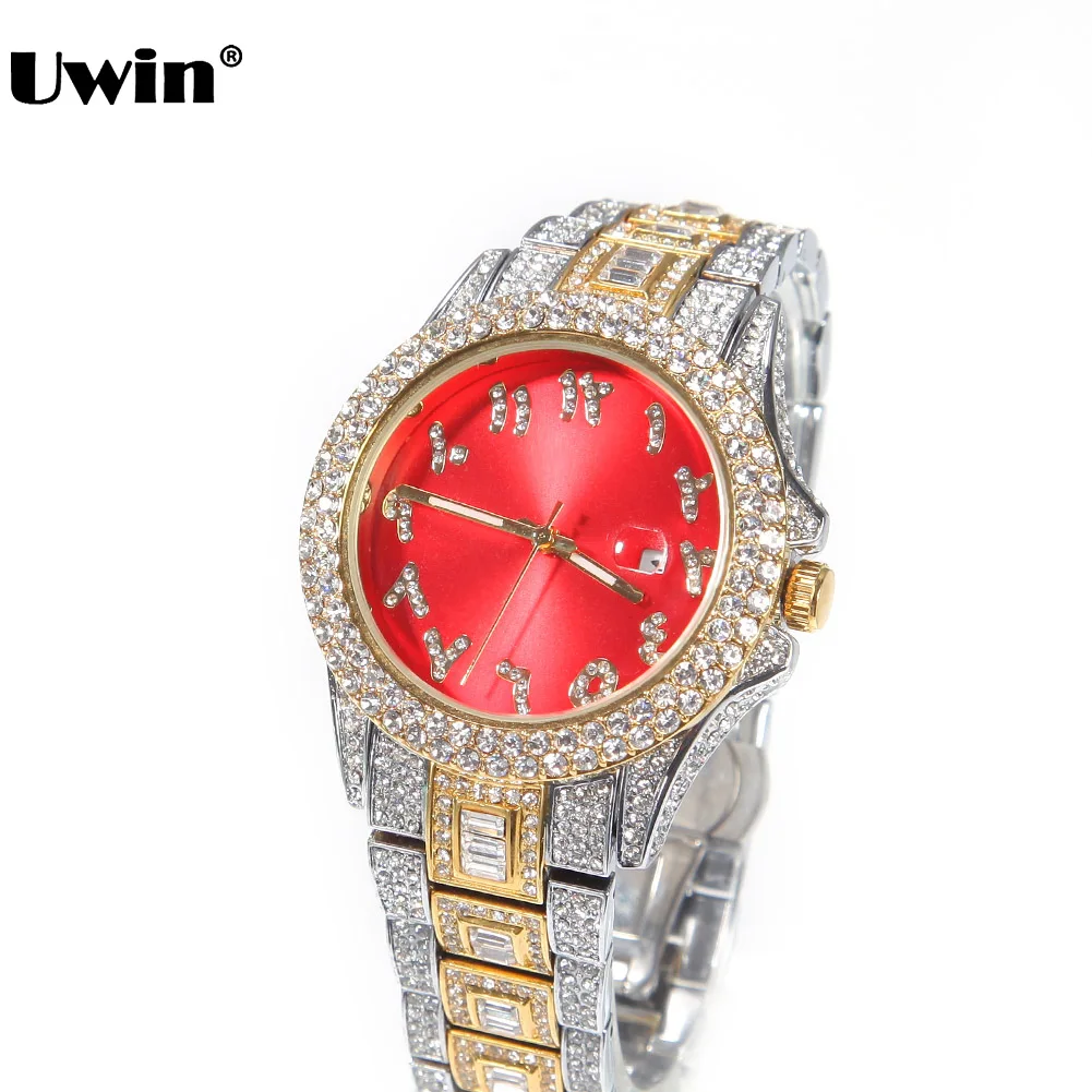 

UWIN Mens Big Dial Watches Full Iced Out CZ Stainless Steel Hiphop Watch Red Luxury Quartz Wristwatch for Drop Shipping