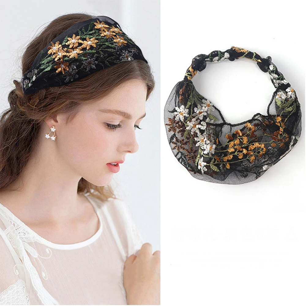 Female Ethnic Hairbands Elastic Embroidery Lace Flower Headband Chiffon Head Wrap Bezel for Women Cross Knotted Hair Accessories