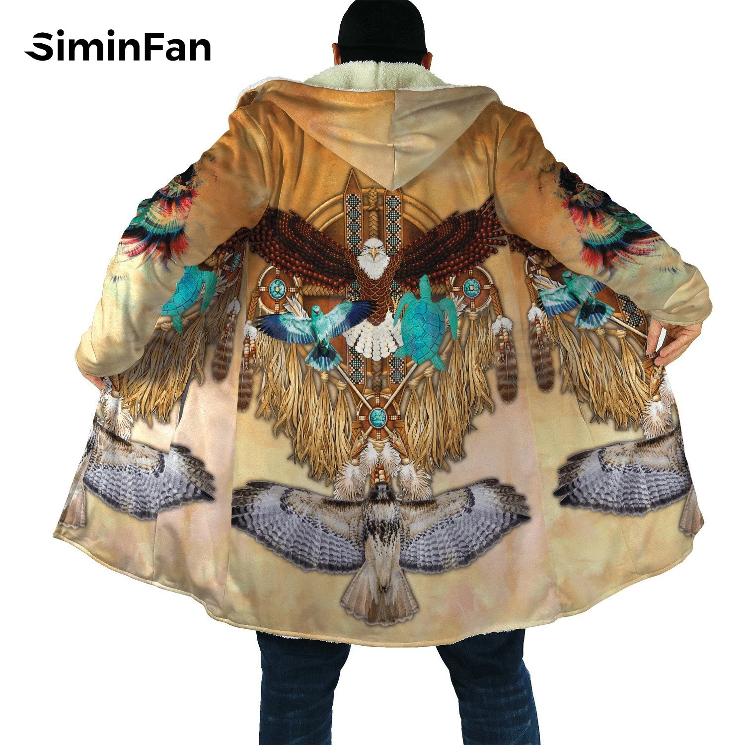 Retro Tribal Eagle Style 3D Print Mens Hooded Cloak Windbreaker Winter Thick Flannel Coat Unisex Casual Cashmere Warm Jacket H4