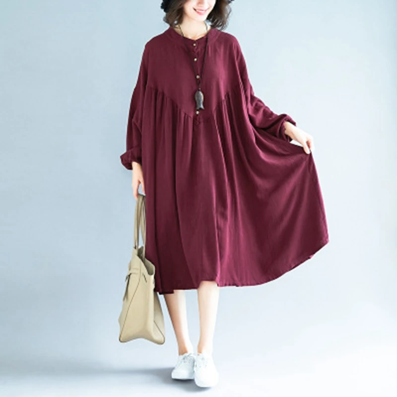 

Autumn new large size 6XL 7XL 8XL 9XL women's lantern sleeves loose long section casual solid color collar dress bust 138CM