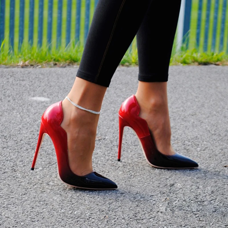 Veowalk Gradient Color Women Sexy Curl Cut Glossy Patent Pointy Toe Stiletto Pumps 12cm High Heel Ladies Fashion Dress Shoes