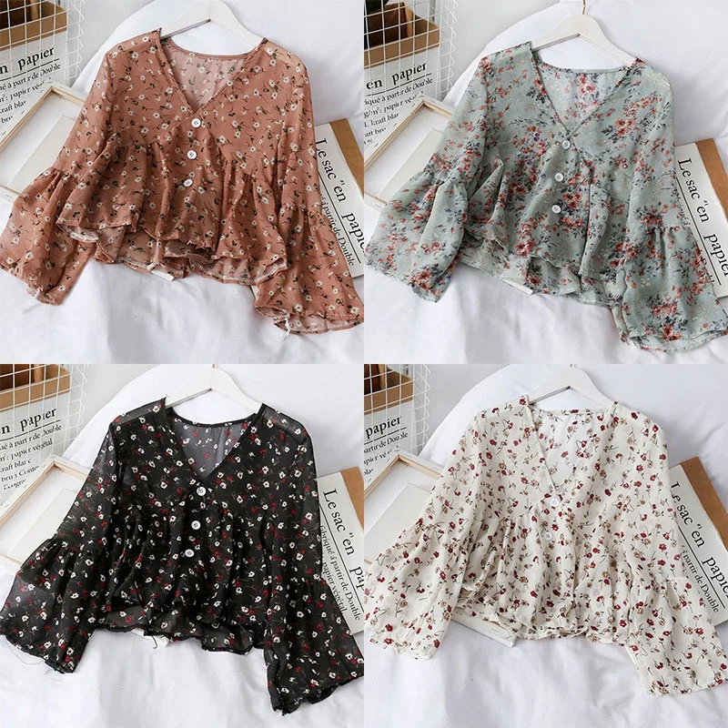 Women's V Neck Floral Print Chiffon Blouses Sweet Small Fresh Long Sleeves Chiffon Shirt Vintage Wild Tops