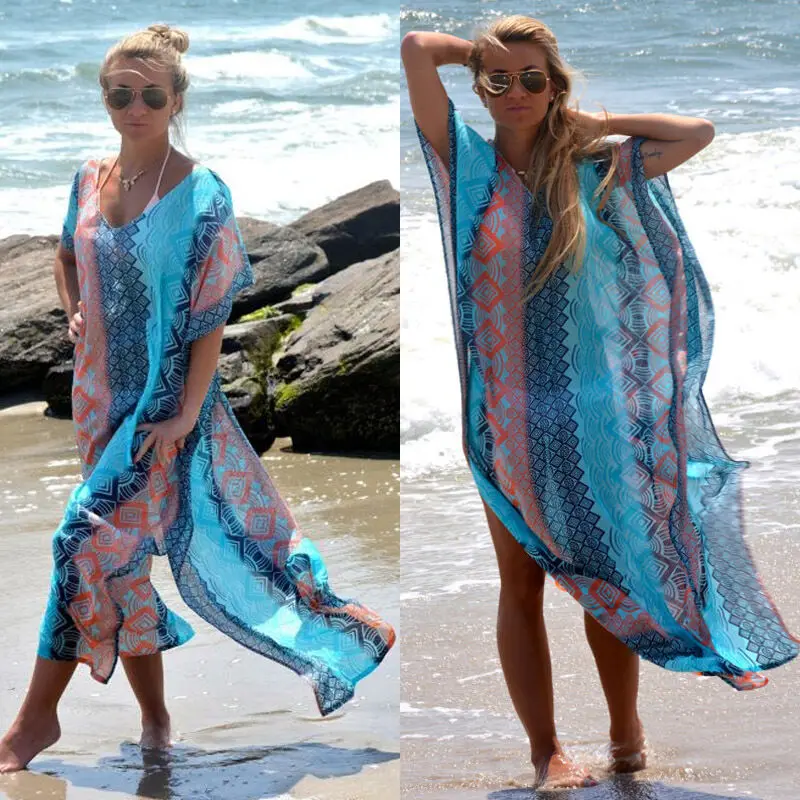 Yiiciovy Swimsuit Beach Cover Ups Women Kimono Vintage Print Floral Holiday Tunic Bikini Dress Boho Loose Long Female Beachwear