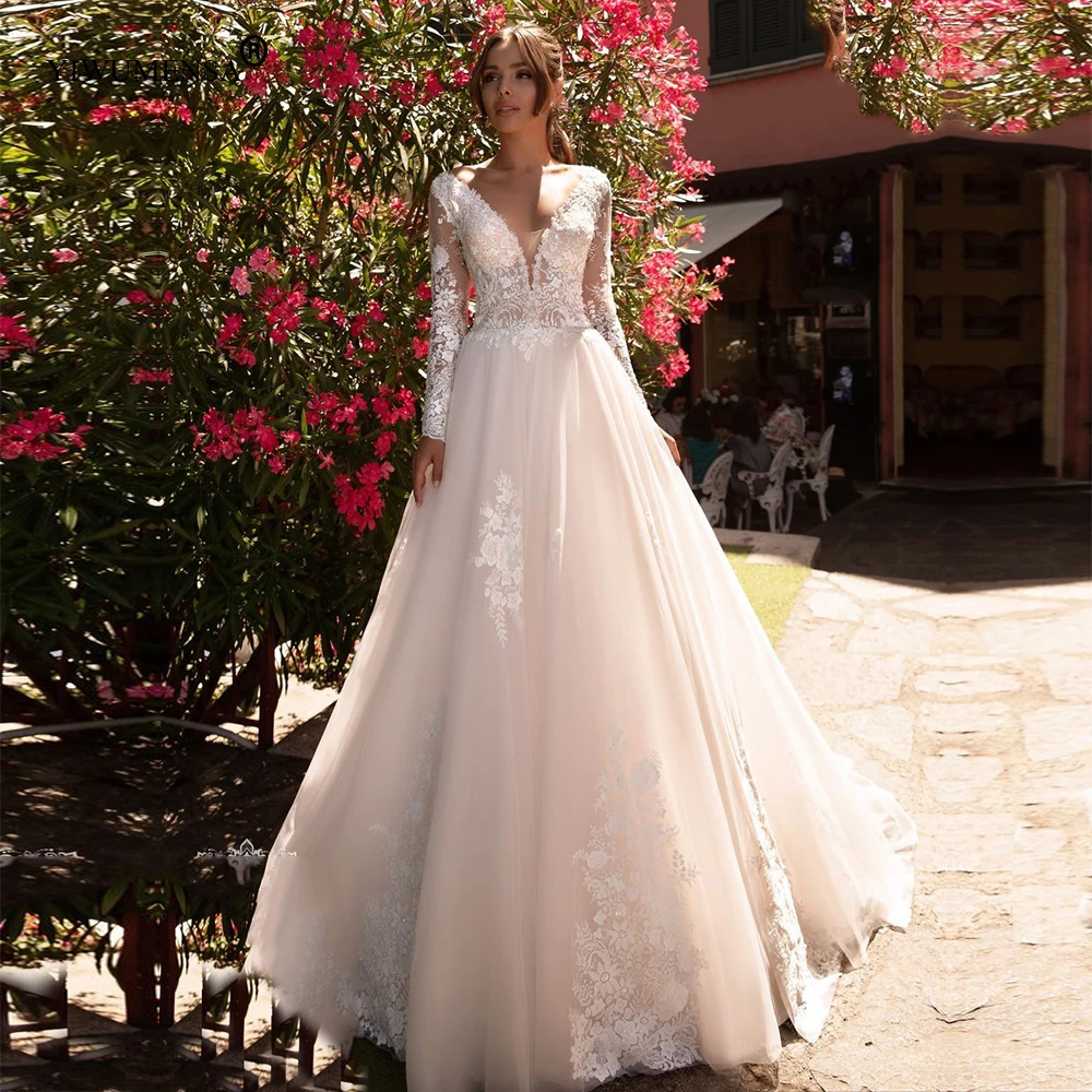 Champagnes Tulle A Line Wedding Dresses For Brirde Long Sleeves V Neck Lace Appliques Bridal Gowns Customized Women Party Dress