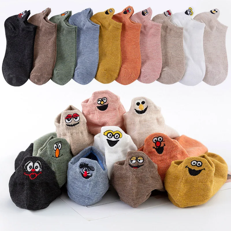 

10 Pairs/pack Funny Socks Women Socks Happy Fashion Ankle Cute Cartoon Kawaii Embroidered Expression Harajuku Short Socks