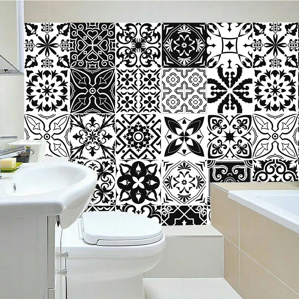 Black & White Tile Ceramics Floor Wall Sticker Kitchen Bathroom Home Decor Art Mural Waterproof Waist Line Peel & st Wall Decals